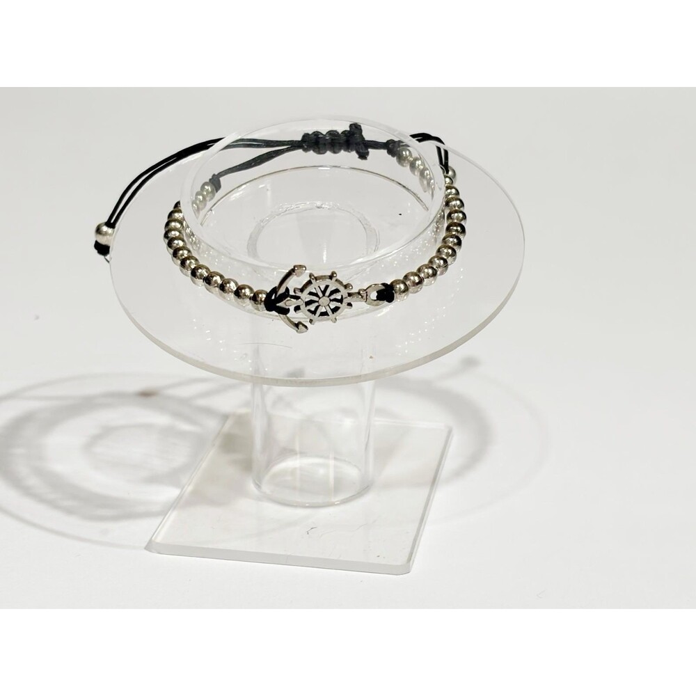 Nautical Anchor & Ship Wheel Bracelet Silver Beads Adjustable Rope Unisex 6-9" - Picture 6 of 12